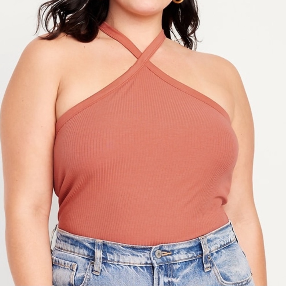 EUC Old Navy Fitted Halter Tank Top w Built-In Bra - Salmon XXL Tall CrissCross